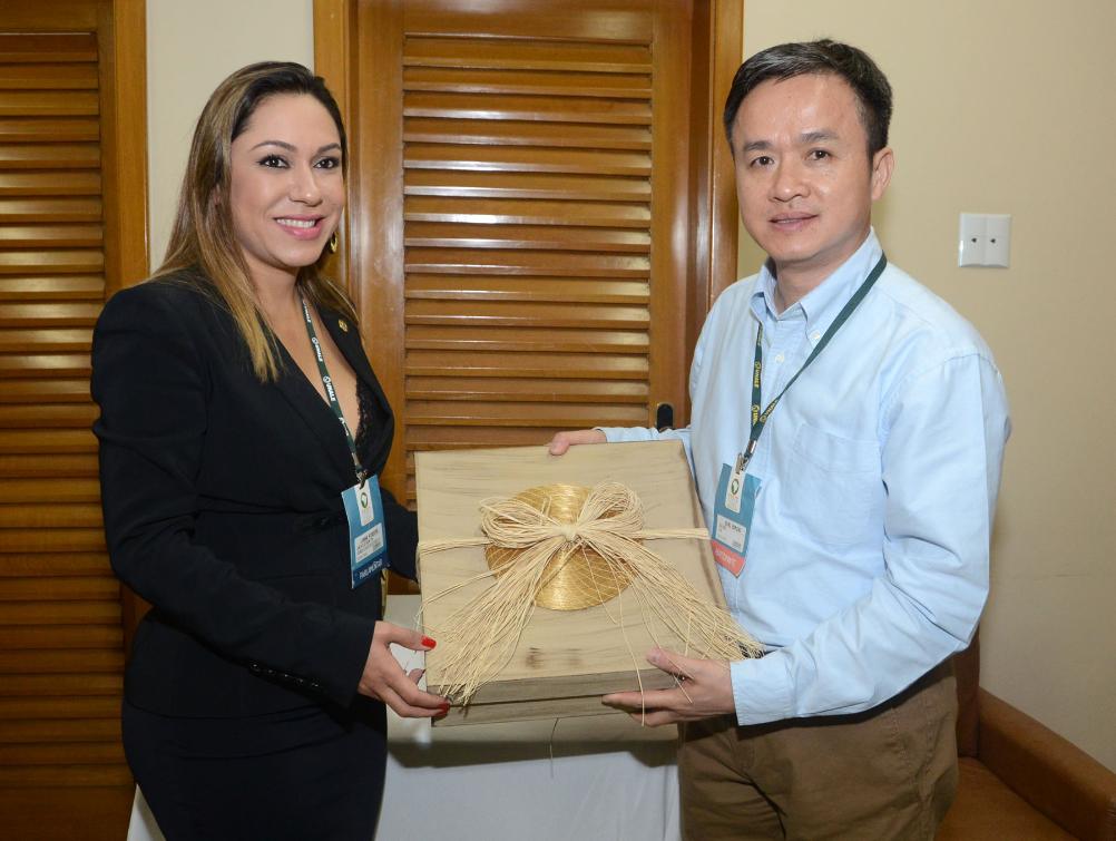 Deputada Luana entrega kit de capim dourado ao chefe da delegação chinesa na UNALE